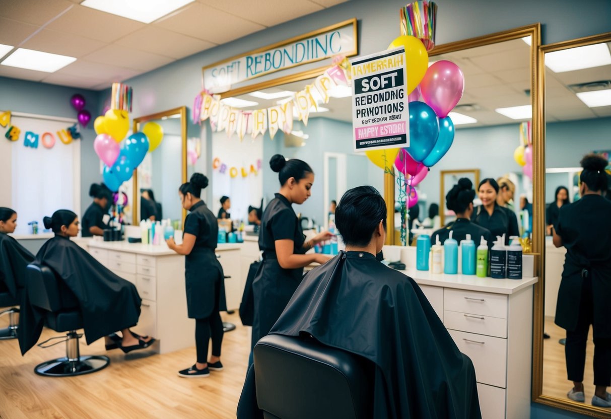 A salon interior with colorful birthday decorations, a sign advertising soft rebonding promotions, and a busy staff attending to clients