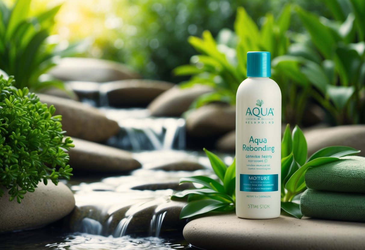 A serene spa setting with a flowing stream and lush greenery, featuring a bottle of Aqua Rebonding for Moisture Repair prominently displayed