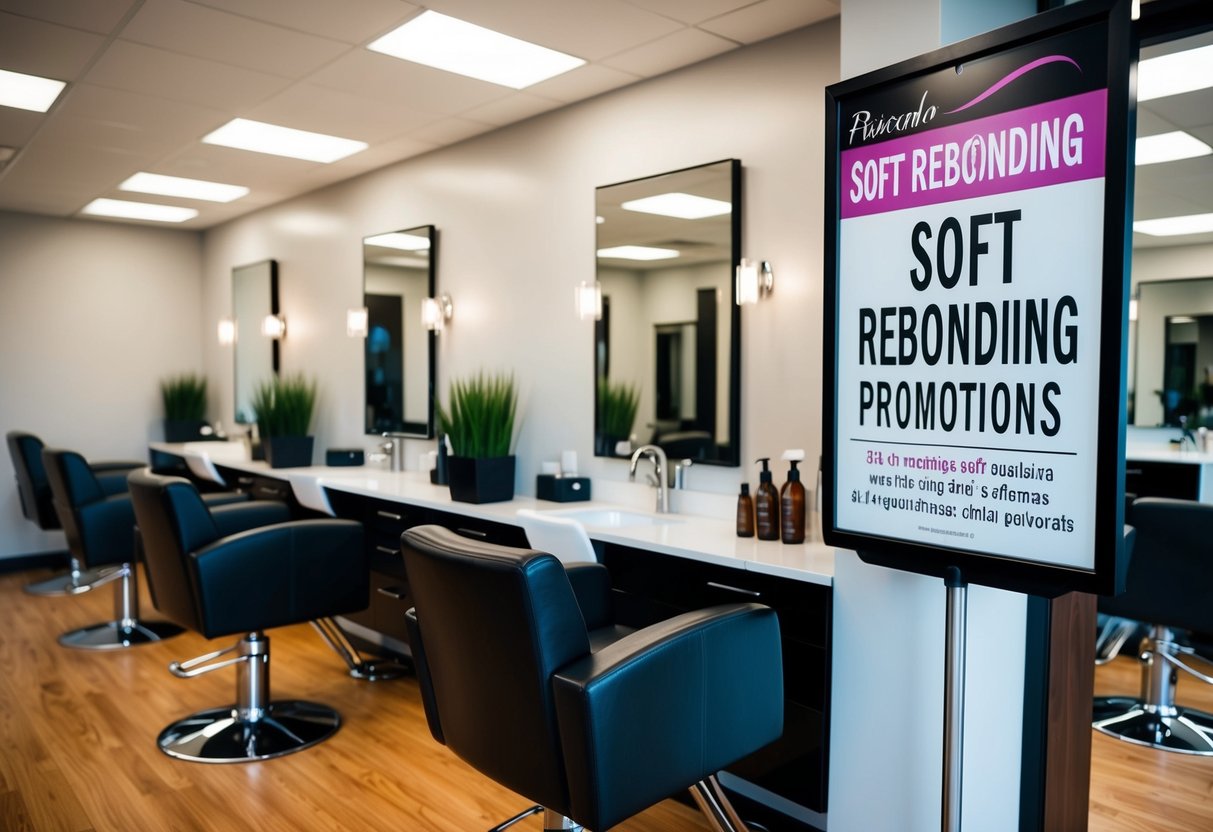 A hair salon with modern decor and a sign advertising soft rebonding promotions