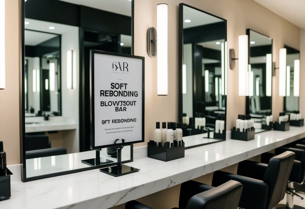 A sleek and modern blowout bar with a sign advertising soft rebonding promotions. Mirrors reflect the stylish interior