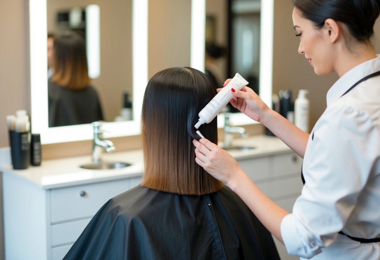 A salon chair with a client's hair being treated with a soft rebonding solution