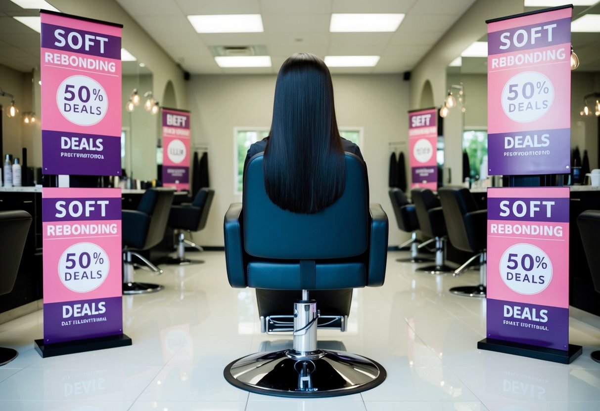 A salon chair with a sleek, straight-haired mannequin and promotional signs for Soft Rebonding Deals displayed around the salon
