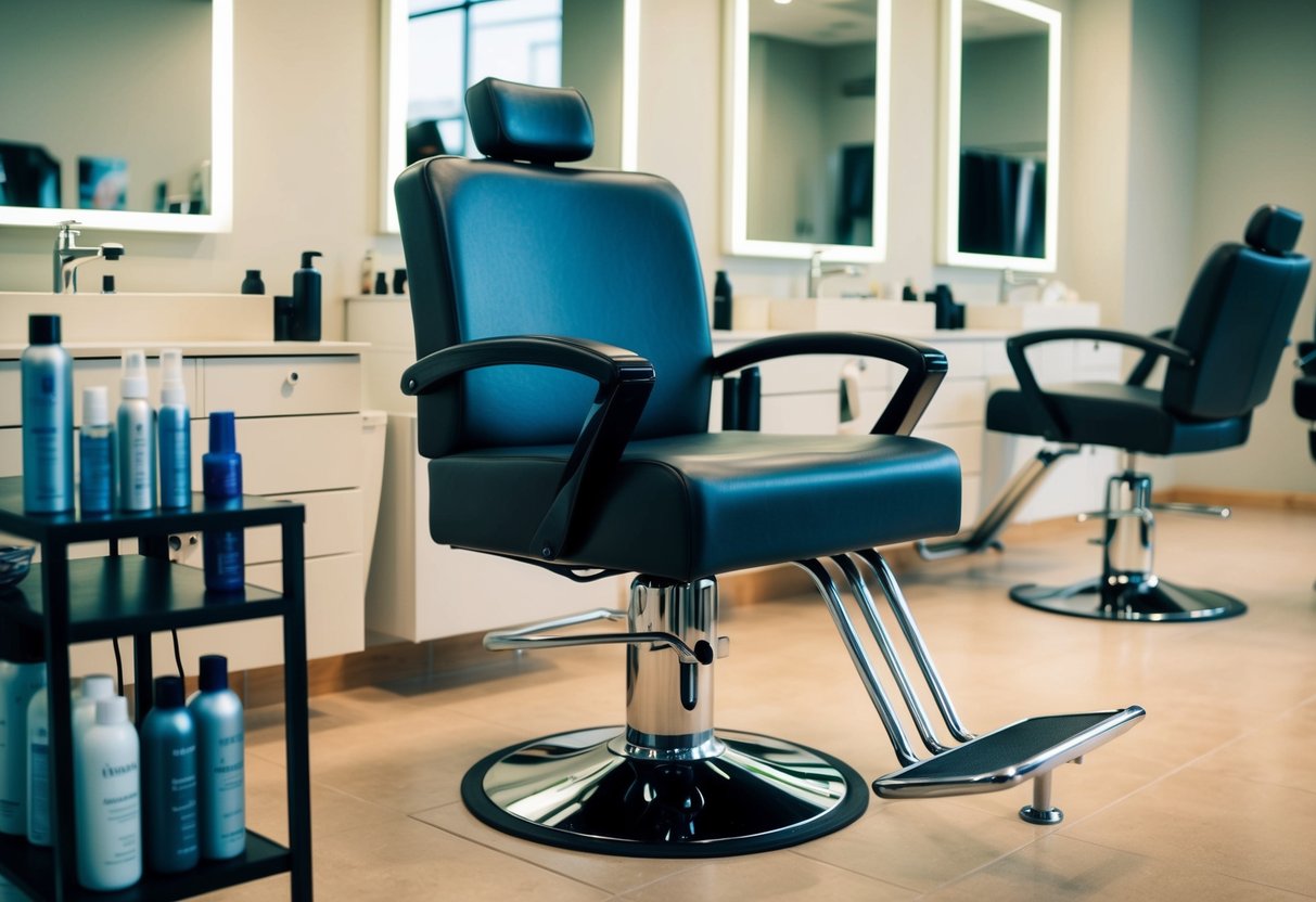 A salon chair surrounded by hair care products and equipment for soft rebonding