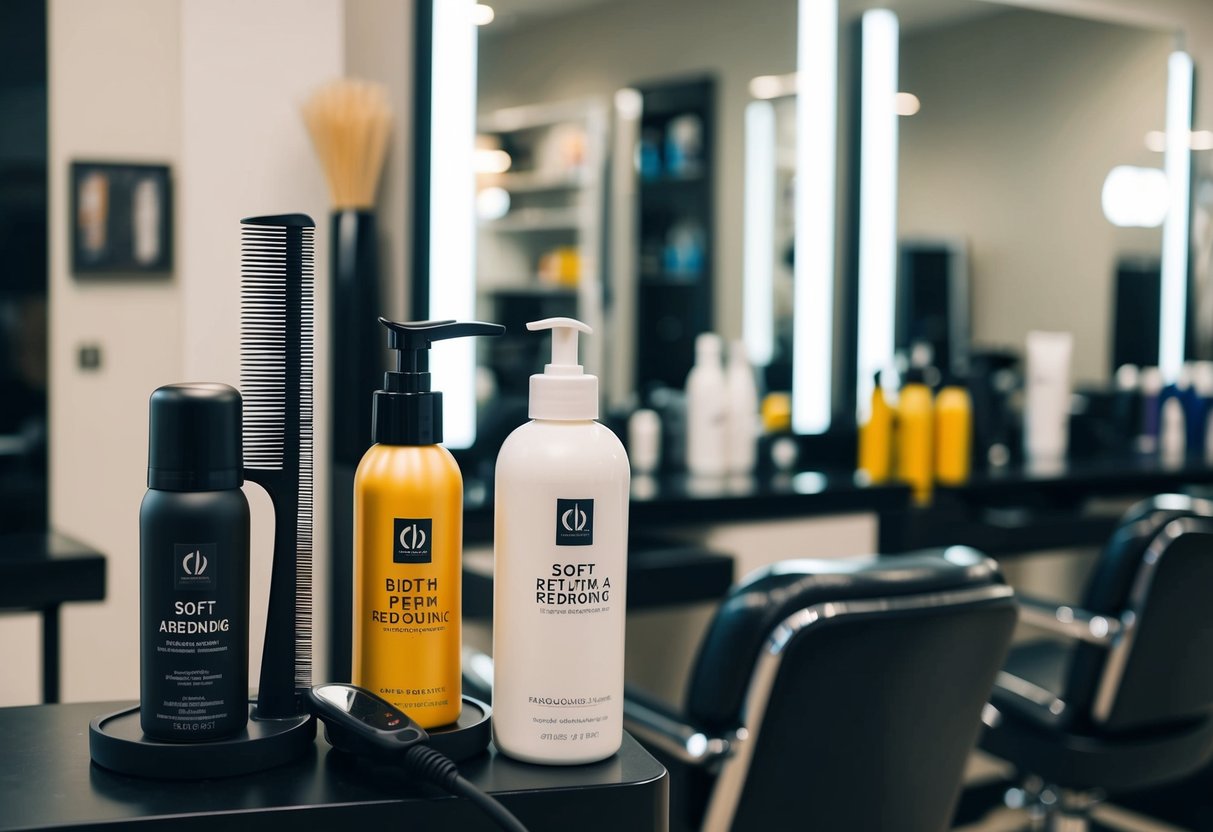 A salon chair with hair products and equipment for digital perm and soft rebonding promotions