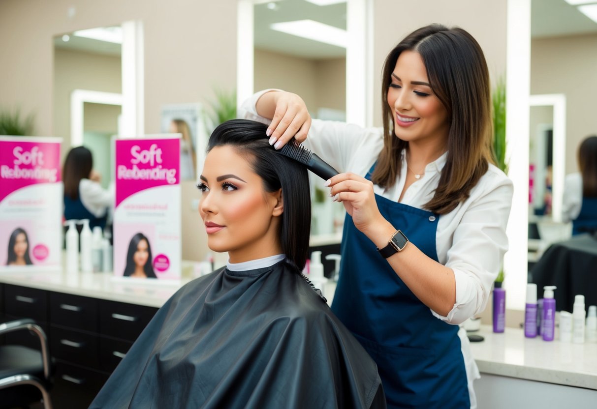 A person sitting in a salon chair, with a stylist applying a soft rebonding treatment to their hair. The salon is filled with promotional materials for soft rebonding