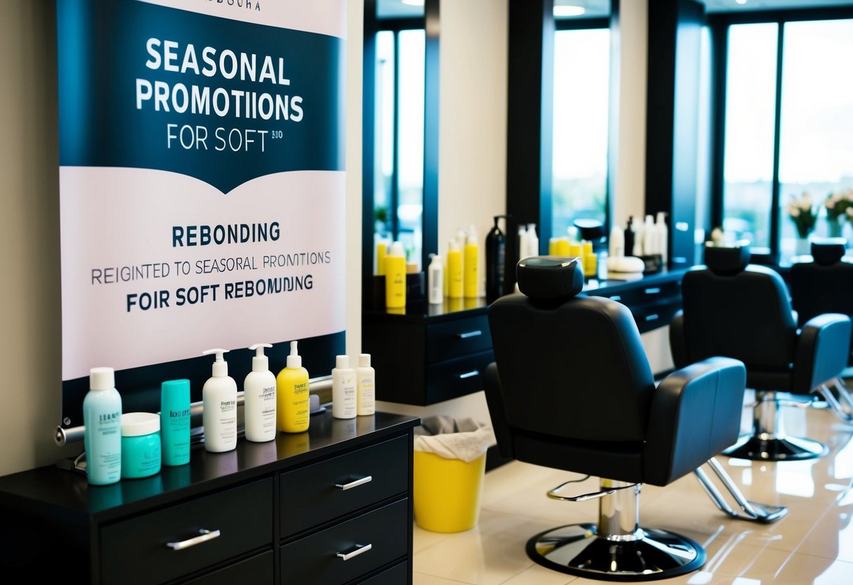 A salon chair surrounded by hair care products and a banner advertising seasonal promotions for soft rebonding