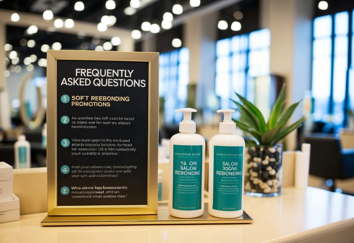 A salon display featuring "Frequently Asked Questions" about soft rebonding promotions