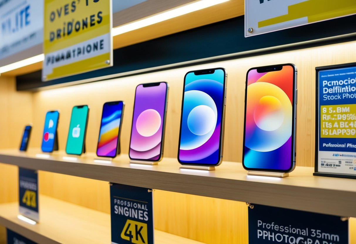 A group of smartphones displayed on a brightly lit shelf with promotional signs and banners surrounding them