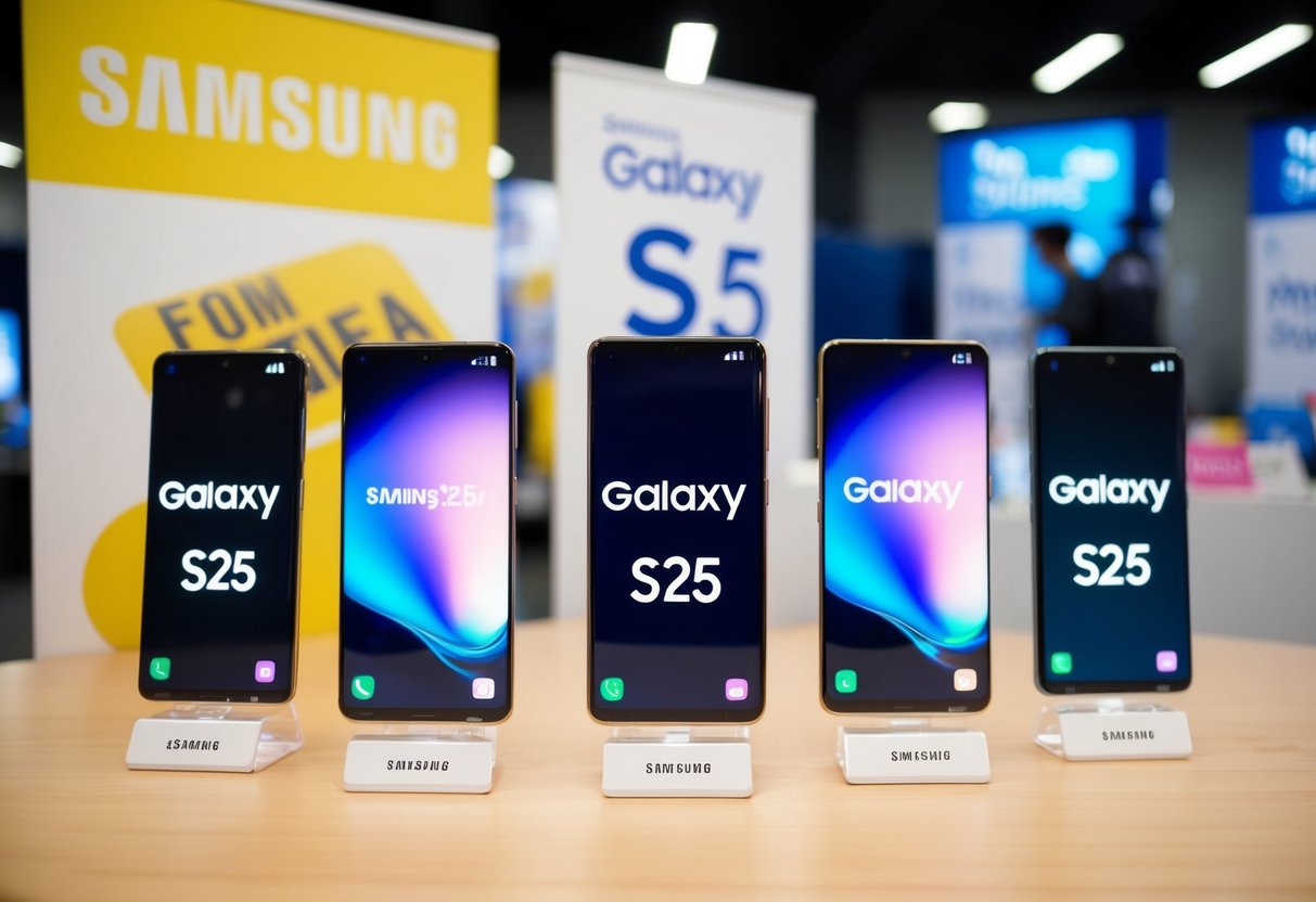 A group of Samsung Galaxy S25 smartphones displayed with promotional signs and banners