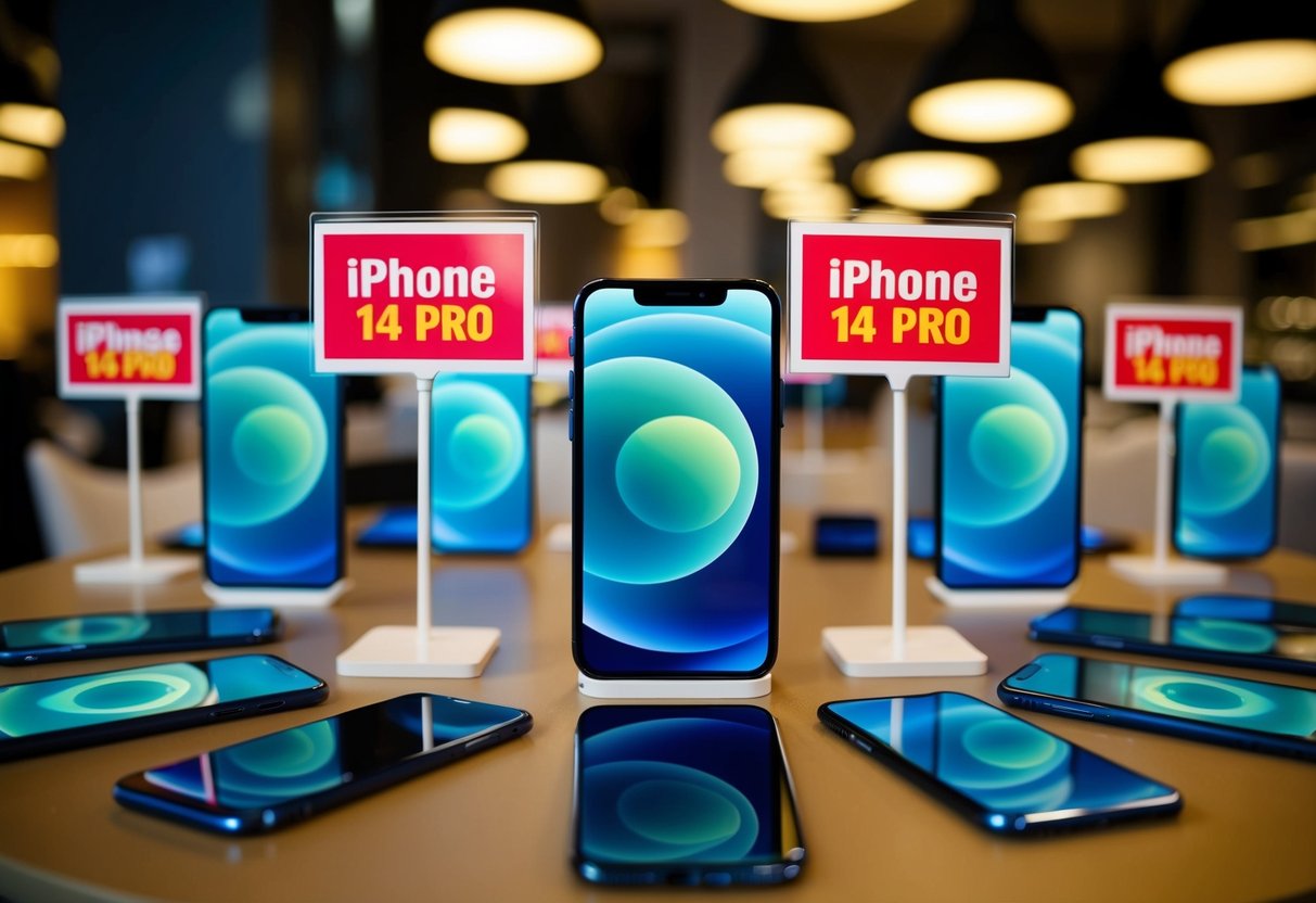 A table filled with iPhone 14 Pro smartphones, with bright promotional signs and price tags displayed prominently