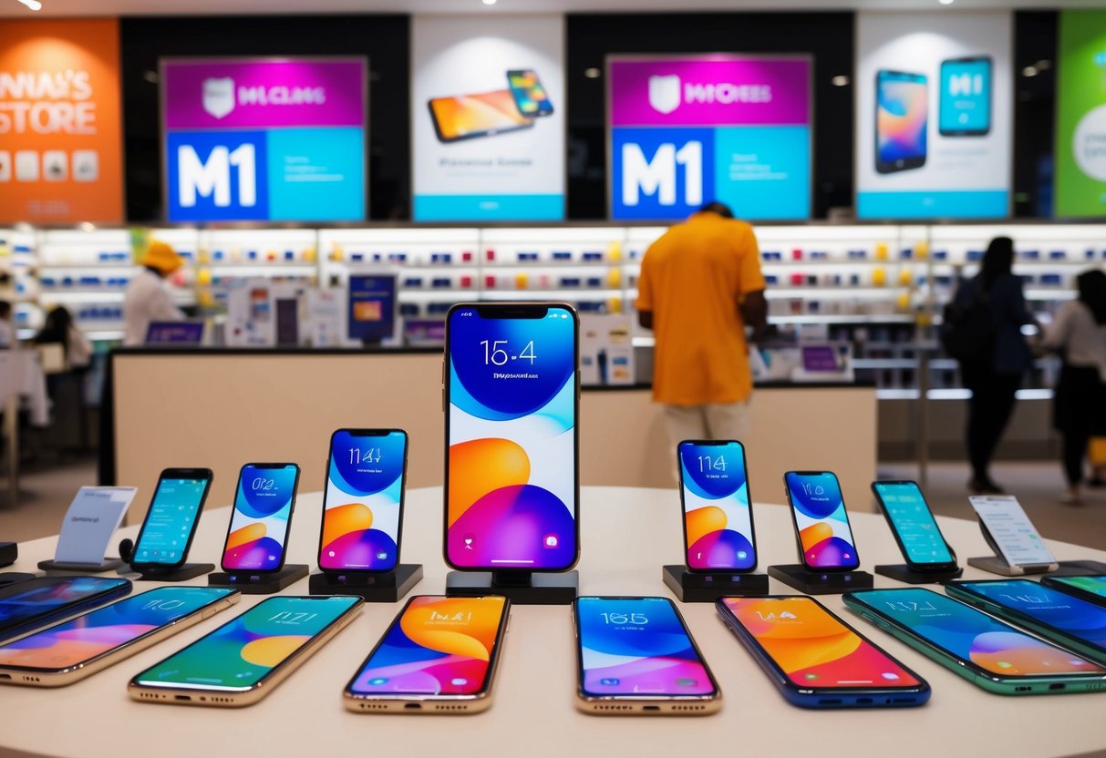 A vibrant display of mobile phones and promotional banners at M1's store