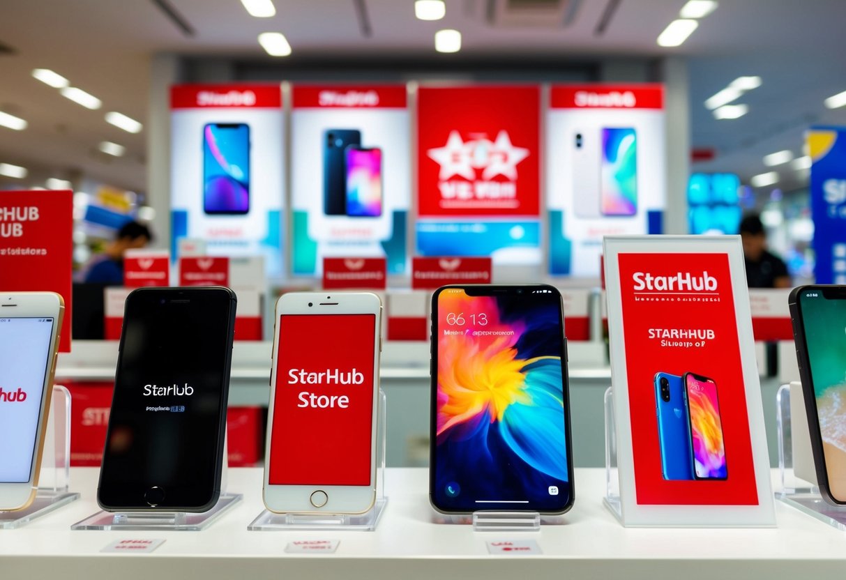 A display of various smartphones with promotional signs at a StarHub store
