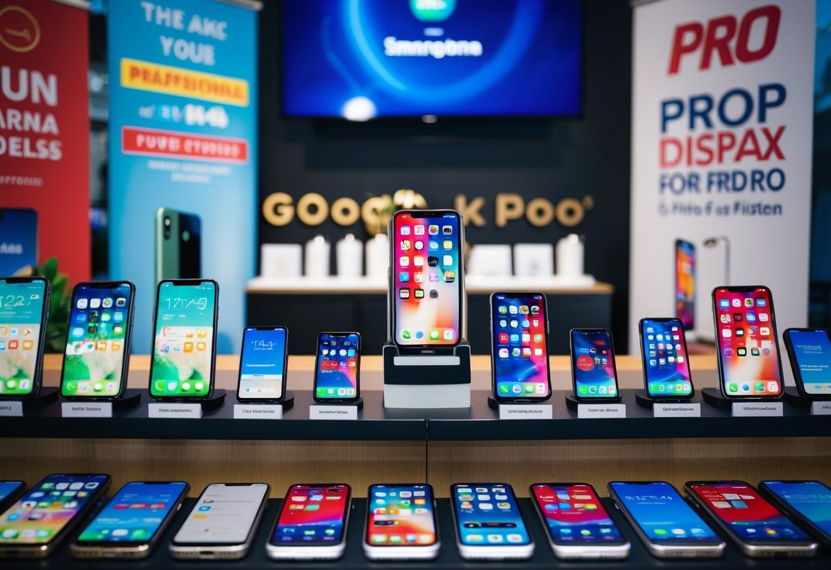 A display of various smartphone models with promotional banners and signs