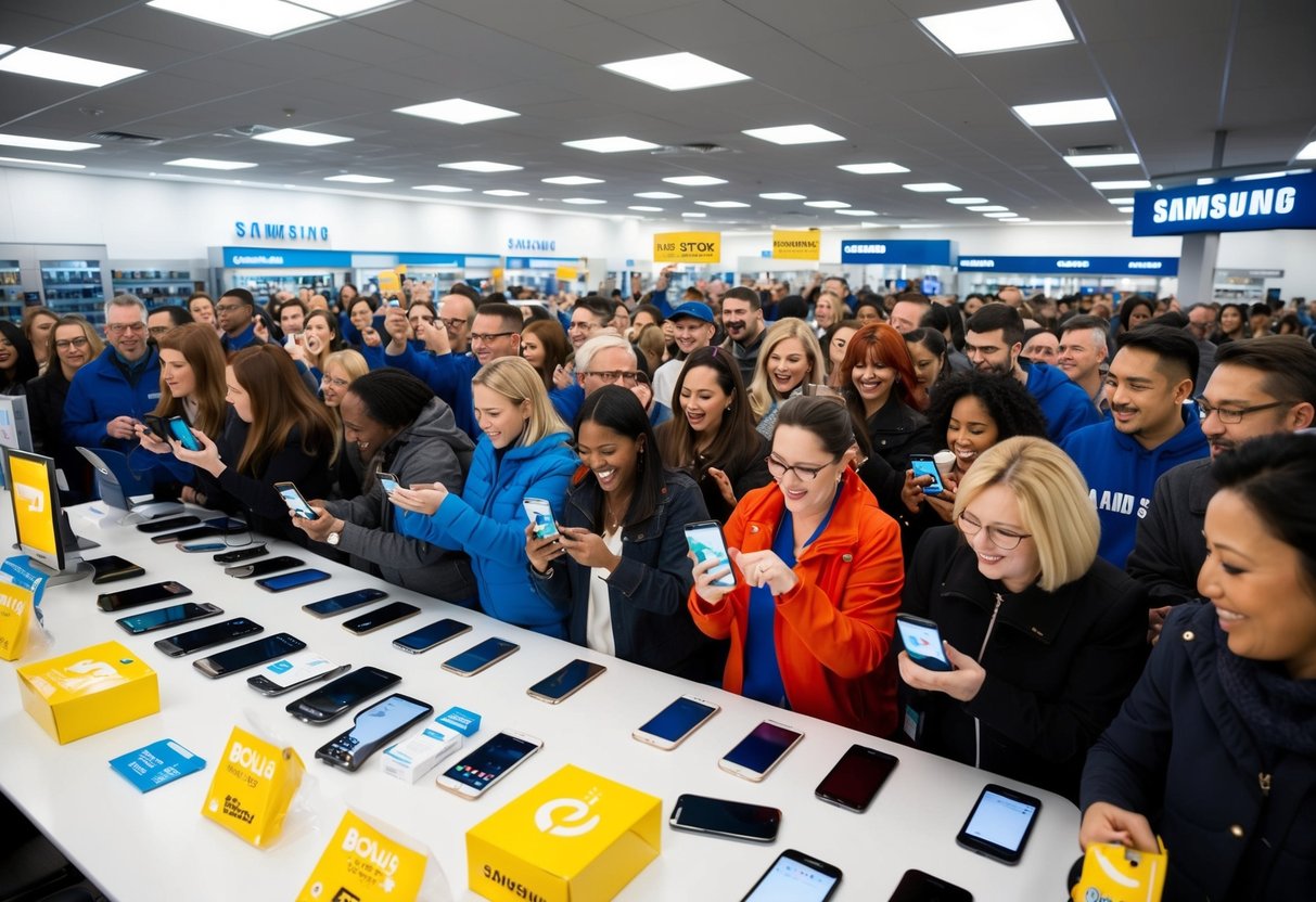 A crowd of people eagerly trading in their old smartphones for shiny new Samsung devices, with bonus items scattered around the store