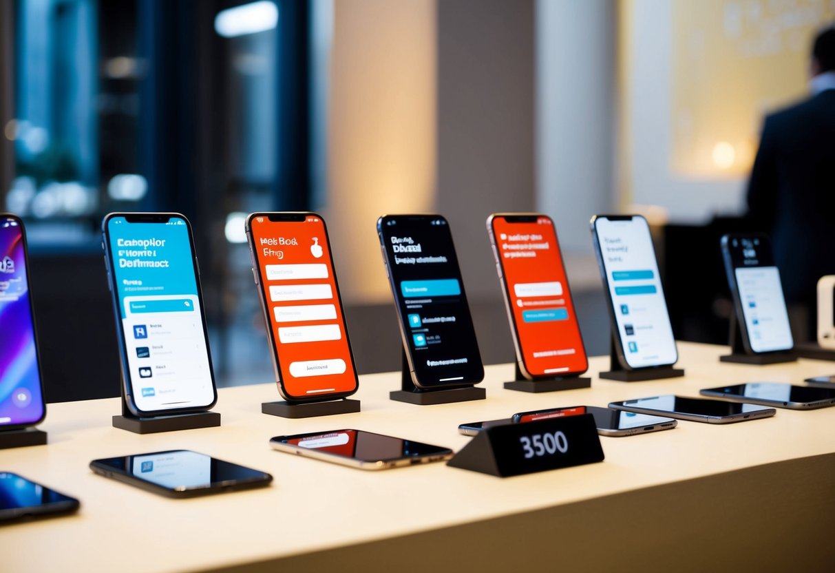 A table displaying various smartphone models with customizable options and promotional offers