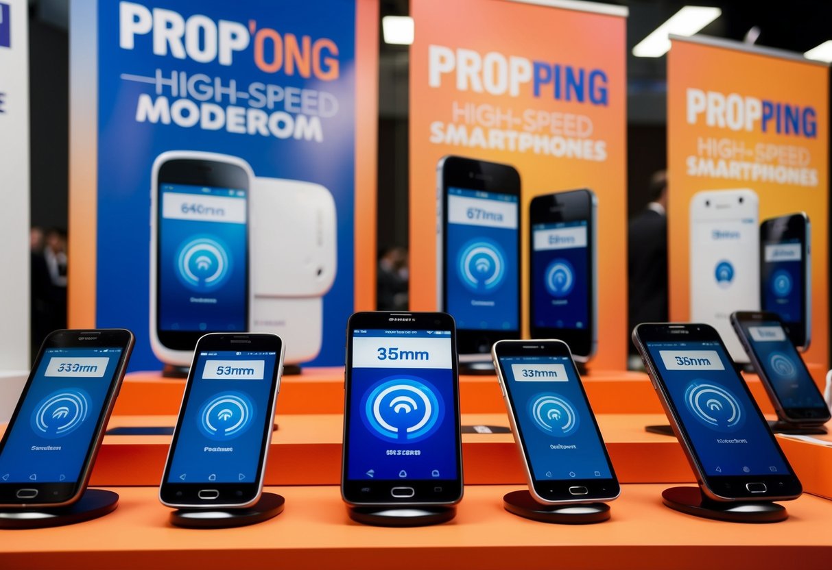 A vibrant display of high-speed modems and sleek smartphones, surrounded by bold promotional banners