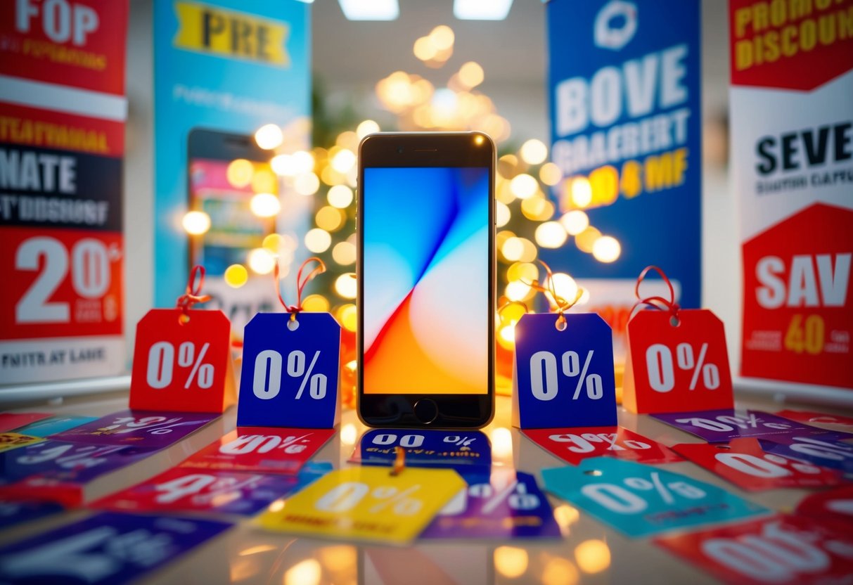 A brightly lit smartphone surrounded by promotional banners and discount tags