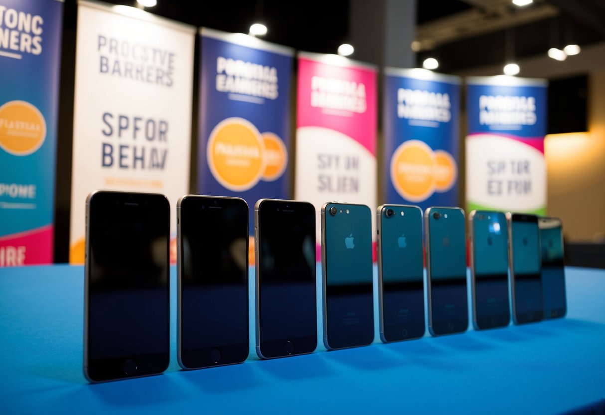 A group of smartphones lined up with promotional banners behind them