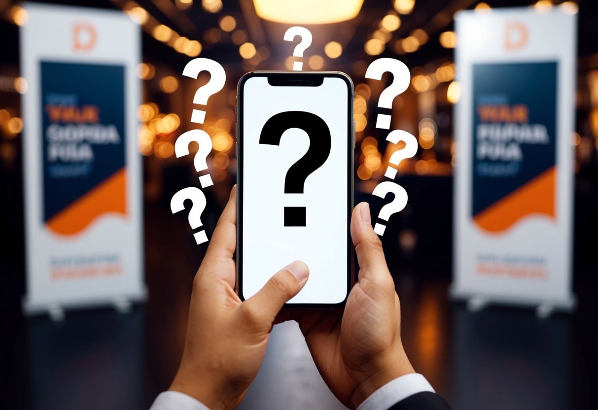 A smartphone surrounded by question marks, with promotional banners in the background