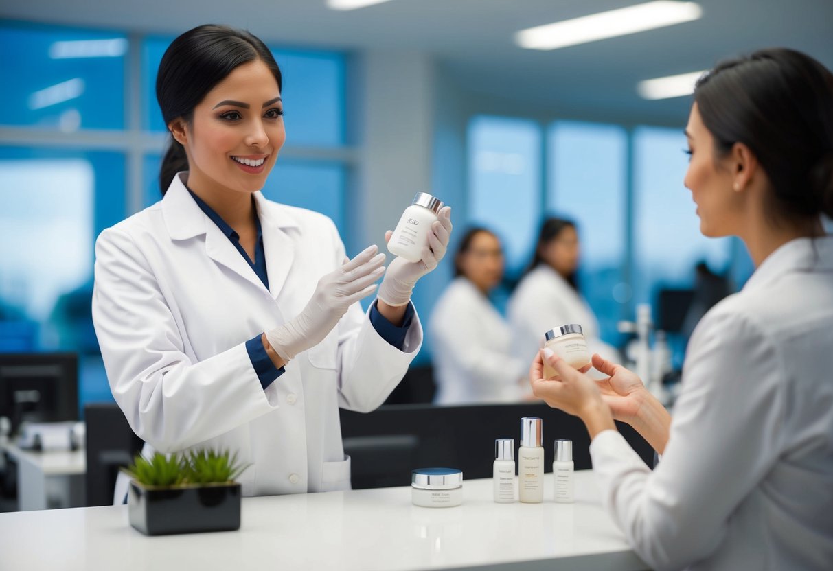 A lab technician offers skincare products to customers