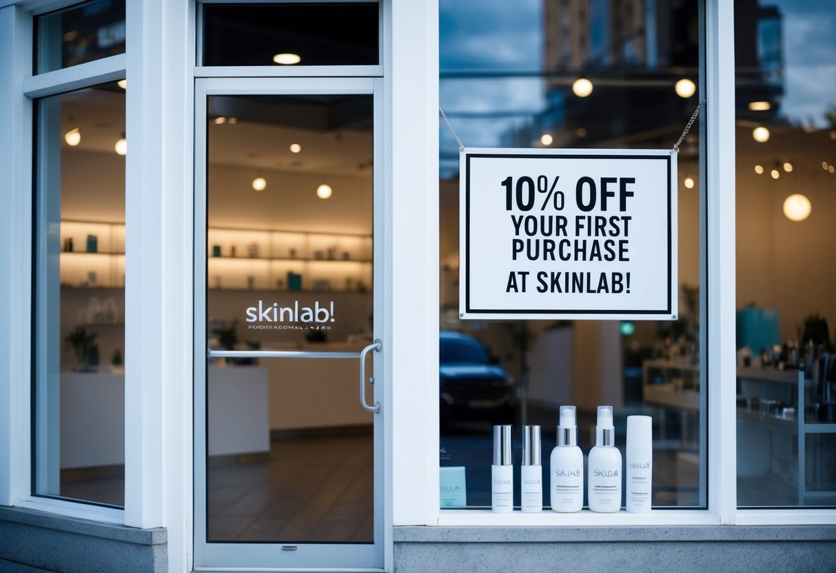 A bright, modern storefront with a sign advertising "10% off your first purchase at SkinLab!" A line of skincare products displayed in the window