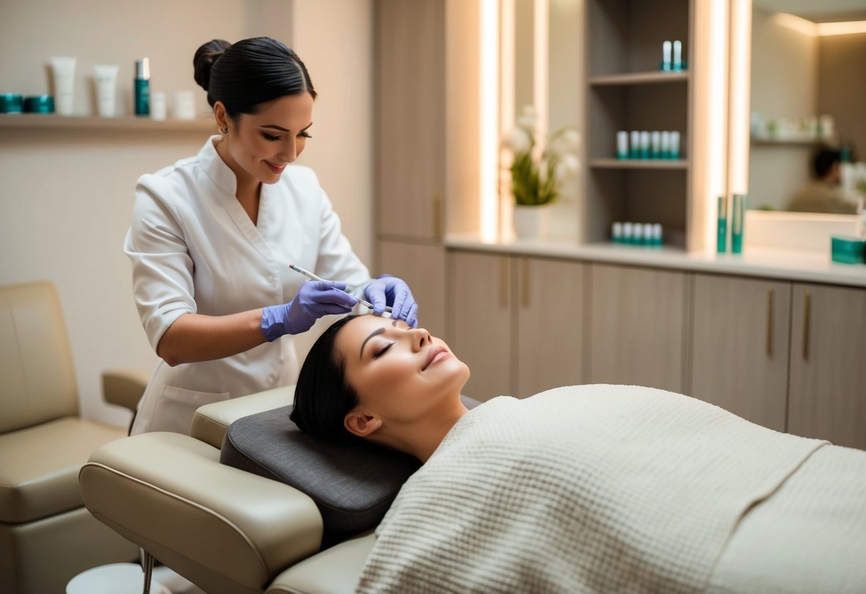 A serene spa room with soft lighting, plush seating, and shelves of high-end skincare products. A technician administers a customized facial treatment to a client reclined on a comfortable treatment bed
