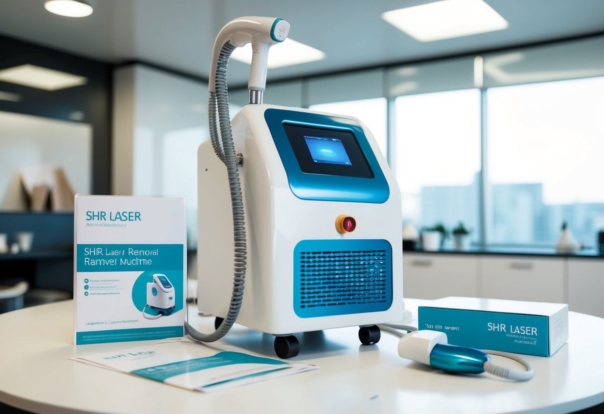 A sleek SHR laser hair removal machine with a built-in cooling system, surrounded by promotional materials in a modern skin lab