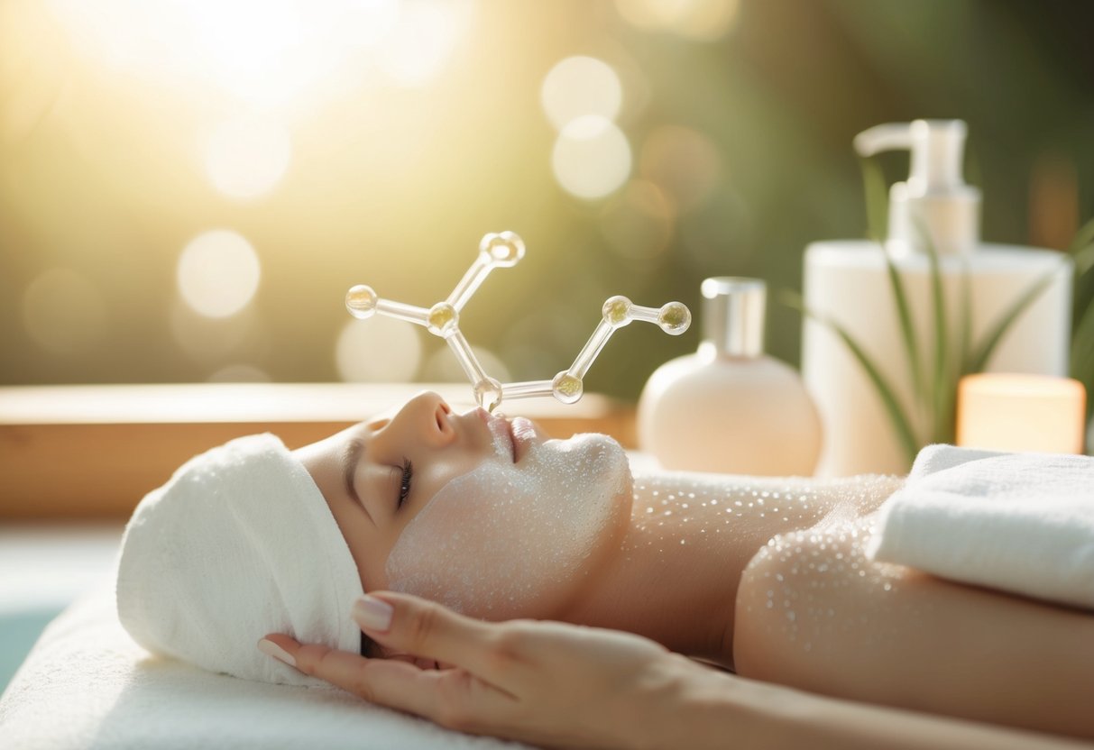 A serene spa setting with a glowing, dewy skin effect, featuring a prominent hyaluronic acid molecule