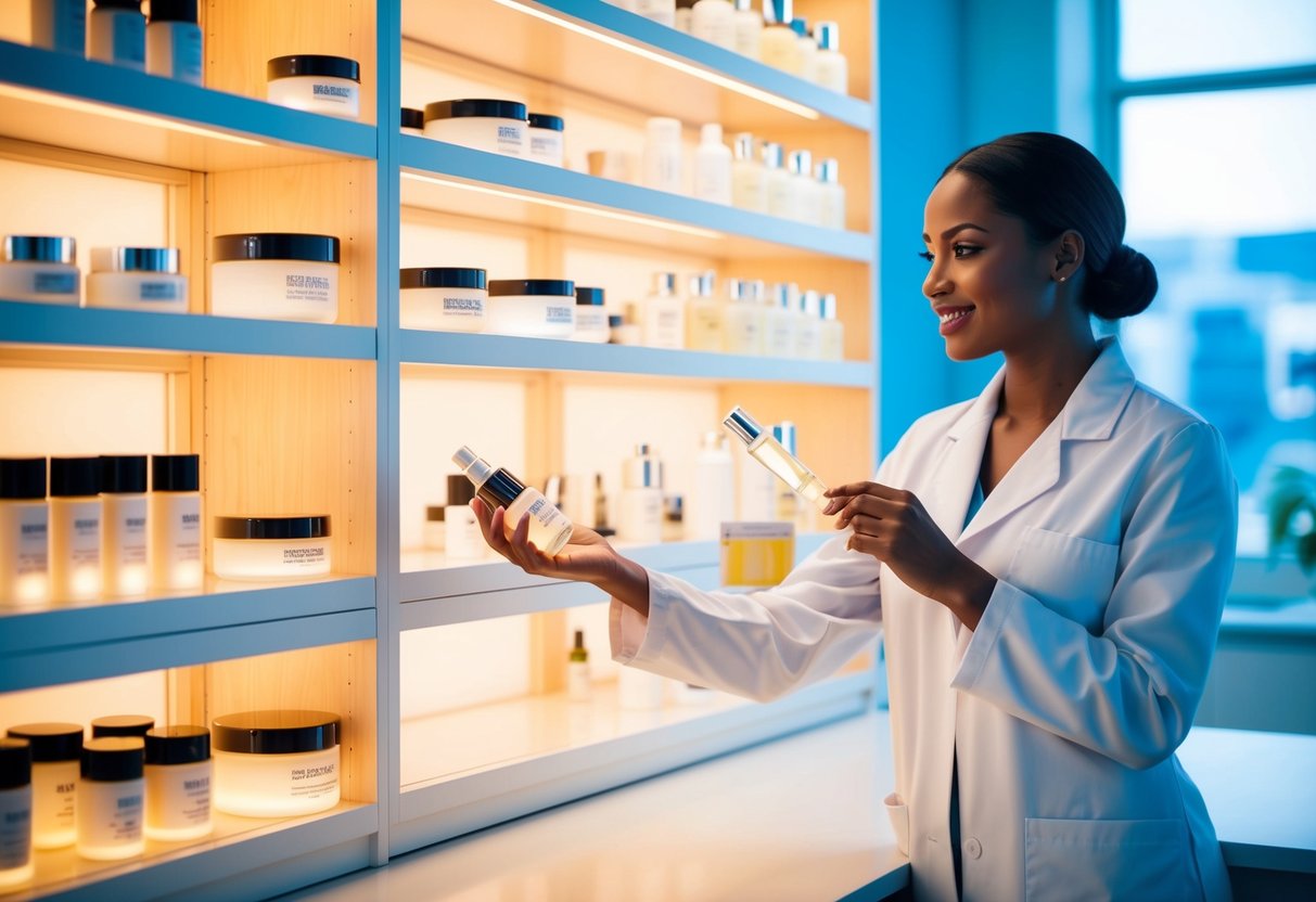 A laboratory setting with glowing skincare products displayed on shelves and a bright, inviting atmosphere