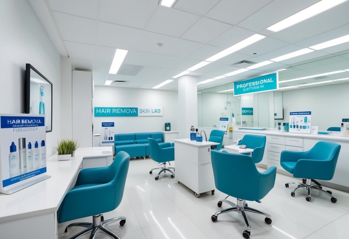 A bright, modern skin lab with sleek furniture and a professional consultation desk. A display of hair removal products and promotional signs throughout the space