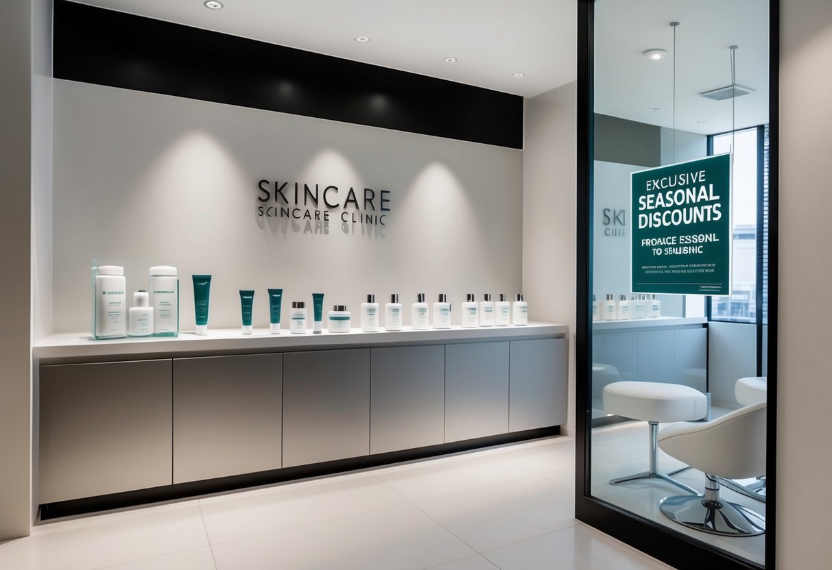 A sleek, modern skincare clinic with a minimalist design, featuring a display of various facial treatment products and a sign advertising exclusive seasonal discounts
