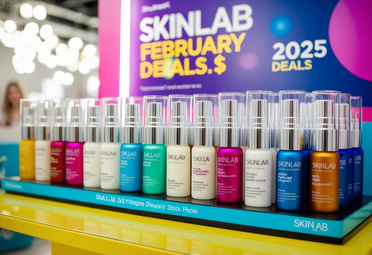 A colorful display of skincare products with "SkinLab February 2025 deals" signage. Bright lights and vibrant colors draw attention to the promotions