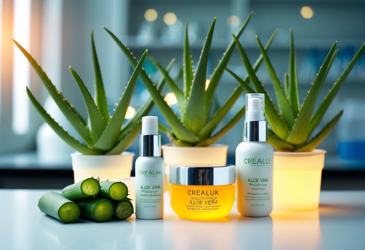 Aloe Vera plants surrounded by glowing skincare products on a lab table