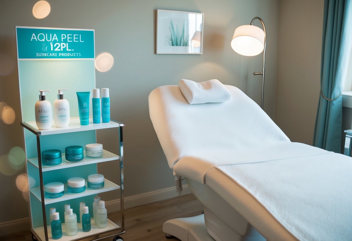 A serene spa room with soft lighting, a reclining treatment chair, and a display of Aqua Peel & I2PL skincare products