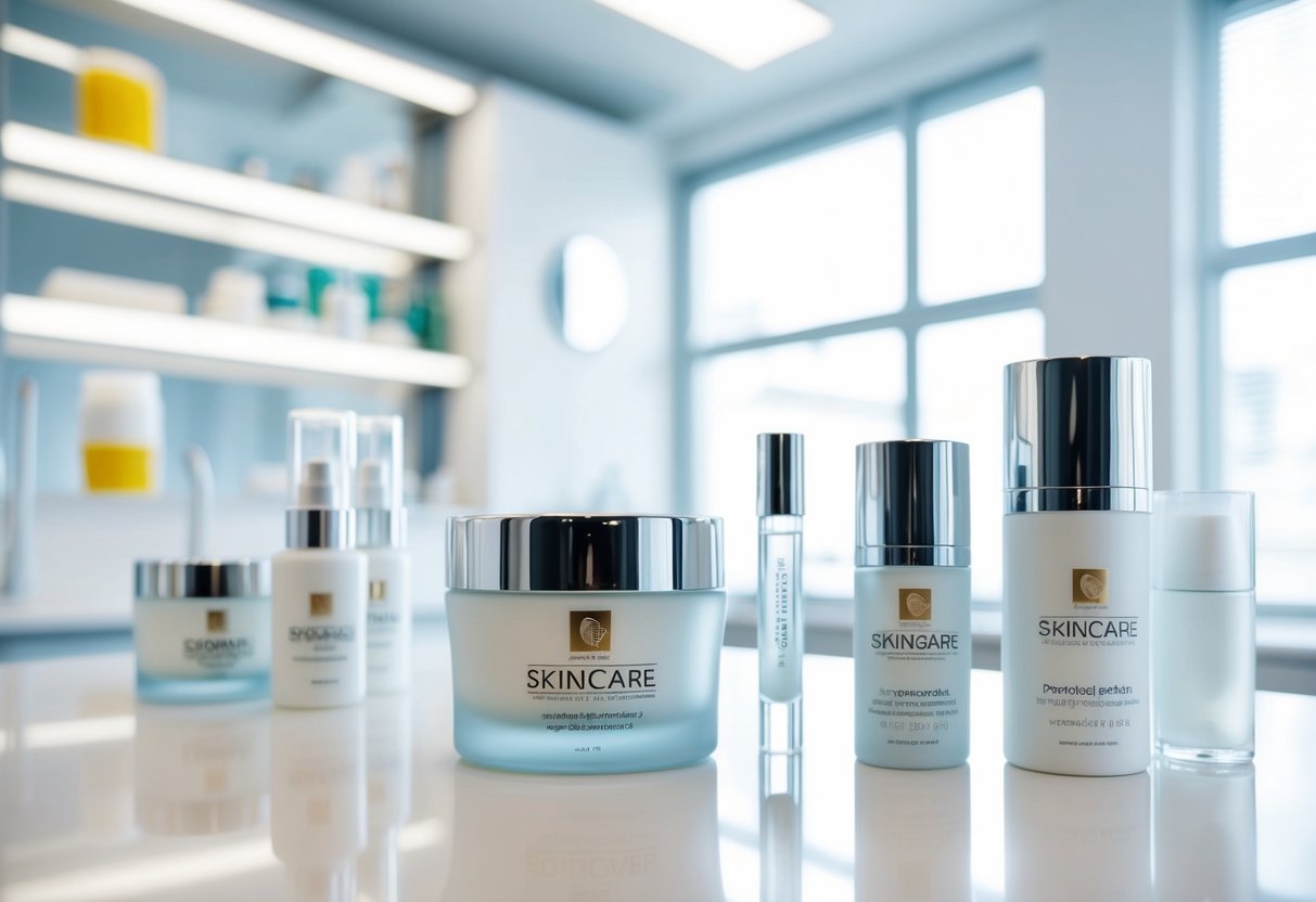 A brightly lit, minimalist skincare lab with sleek product displays and a prominent logo. A professional, clean atmosphere with modern design elements