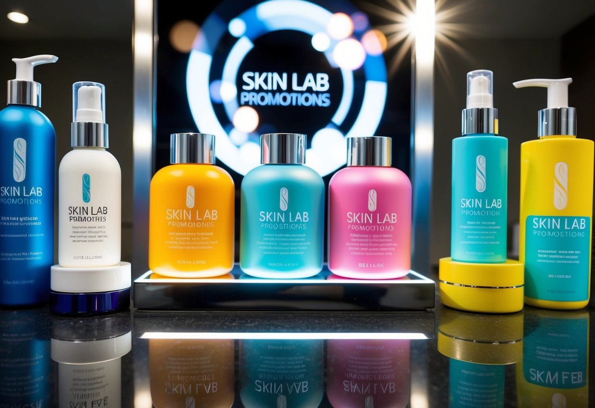 A colorful display of skincare products arranged on a sleek, modern countertop with a prominent "Skin Lab Promotions" logo. Bright lighting highlights the products and draws attention to the promotional offers