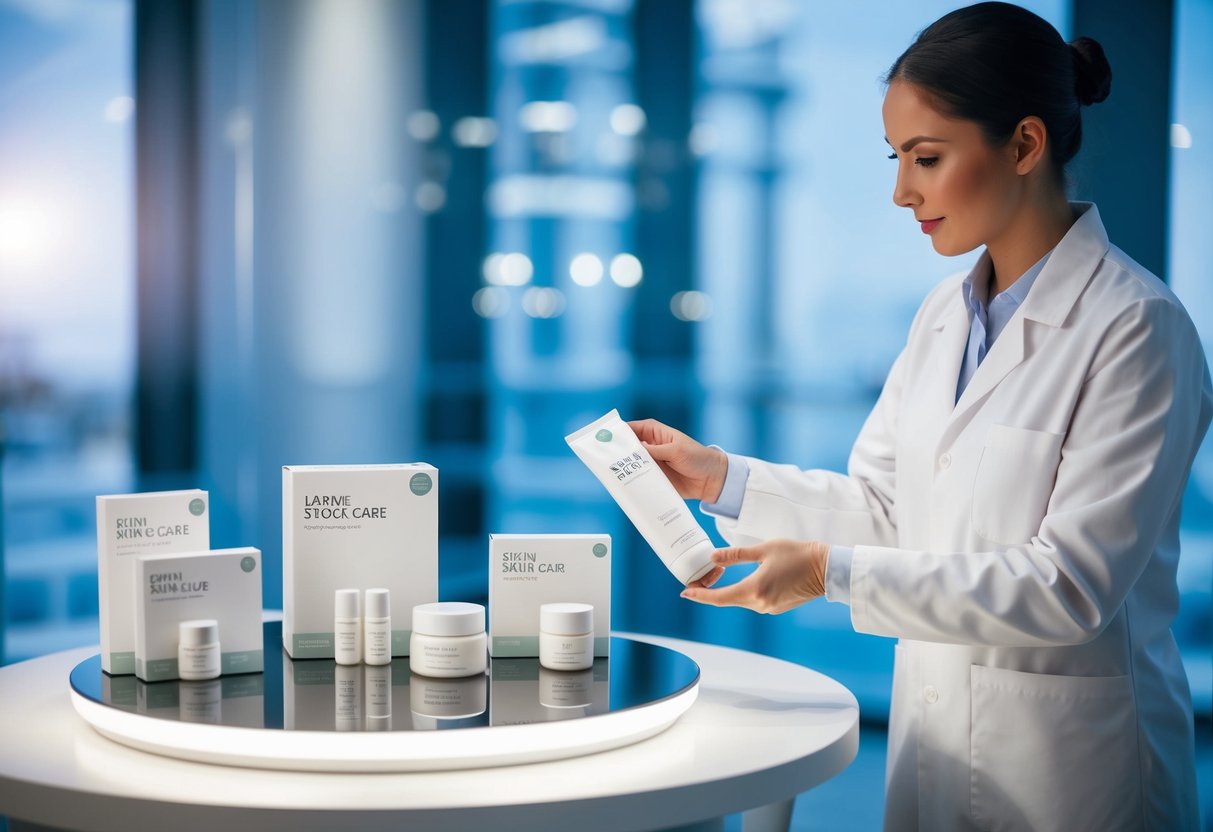 A lab technician arranging promotional materials for skin care products on a sleek, modern display table