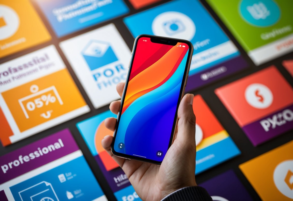 A smartphone surrounded by colorful promotional banners and icons