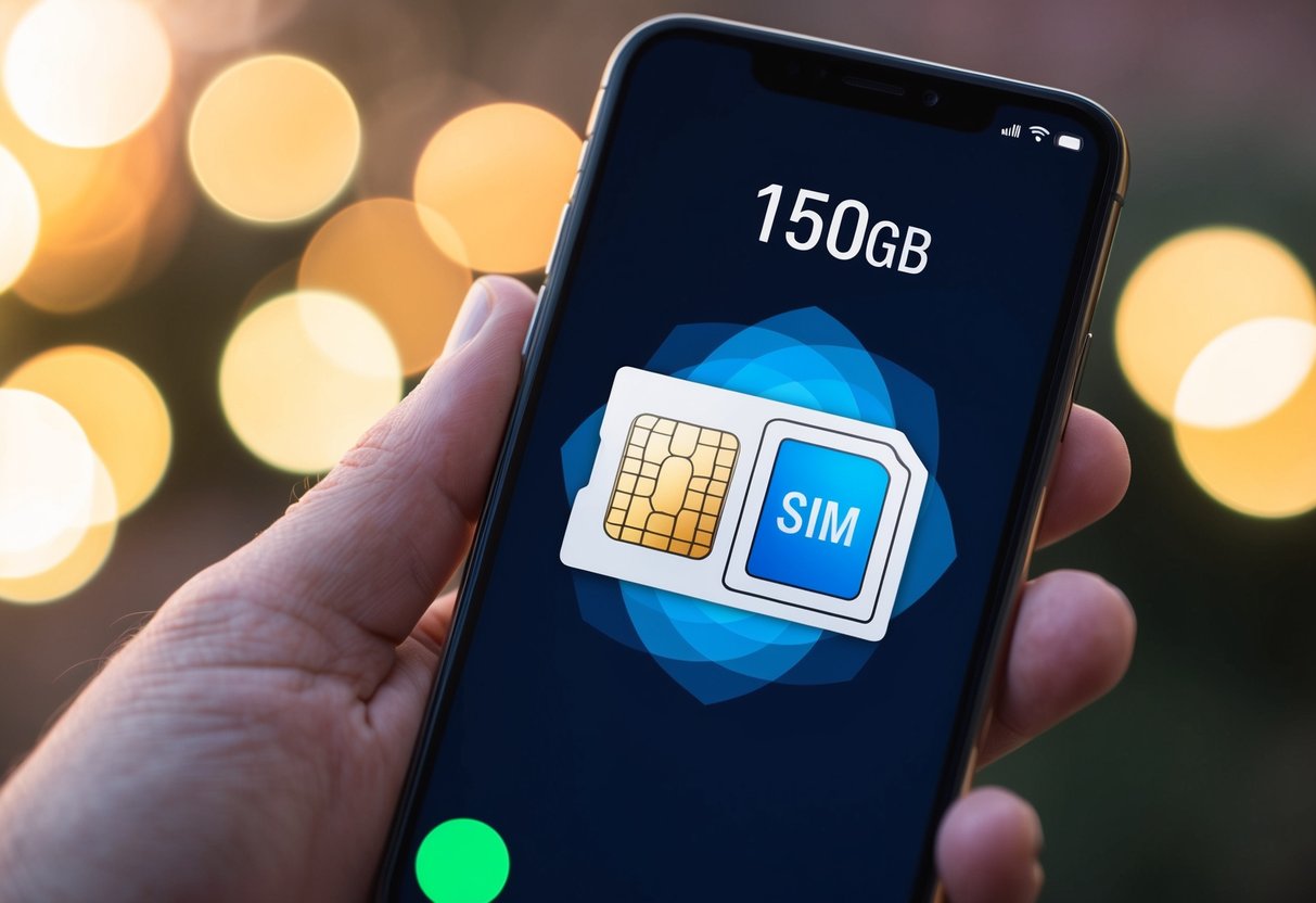 A smartphone with a SIM card and the number "150GB" displayed prominently