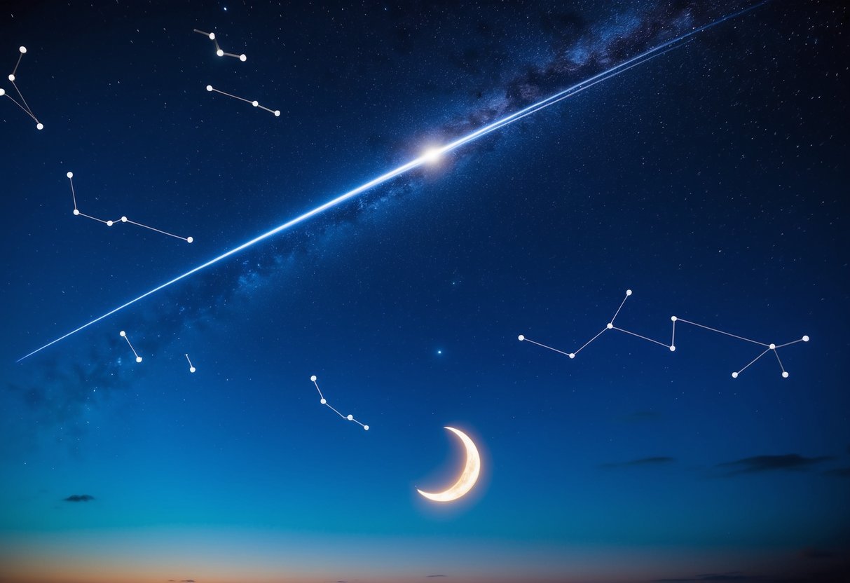 A shooting star streaking across a vibrant night sky, surrounded by twinkling constellations and a glowing crescent moon
