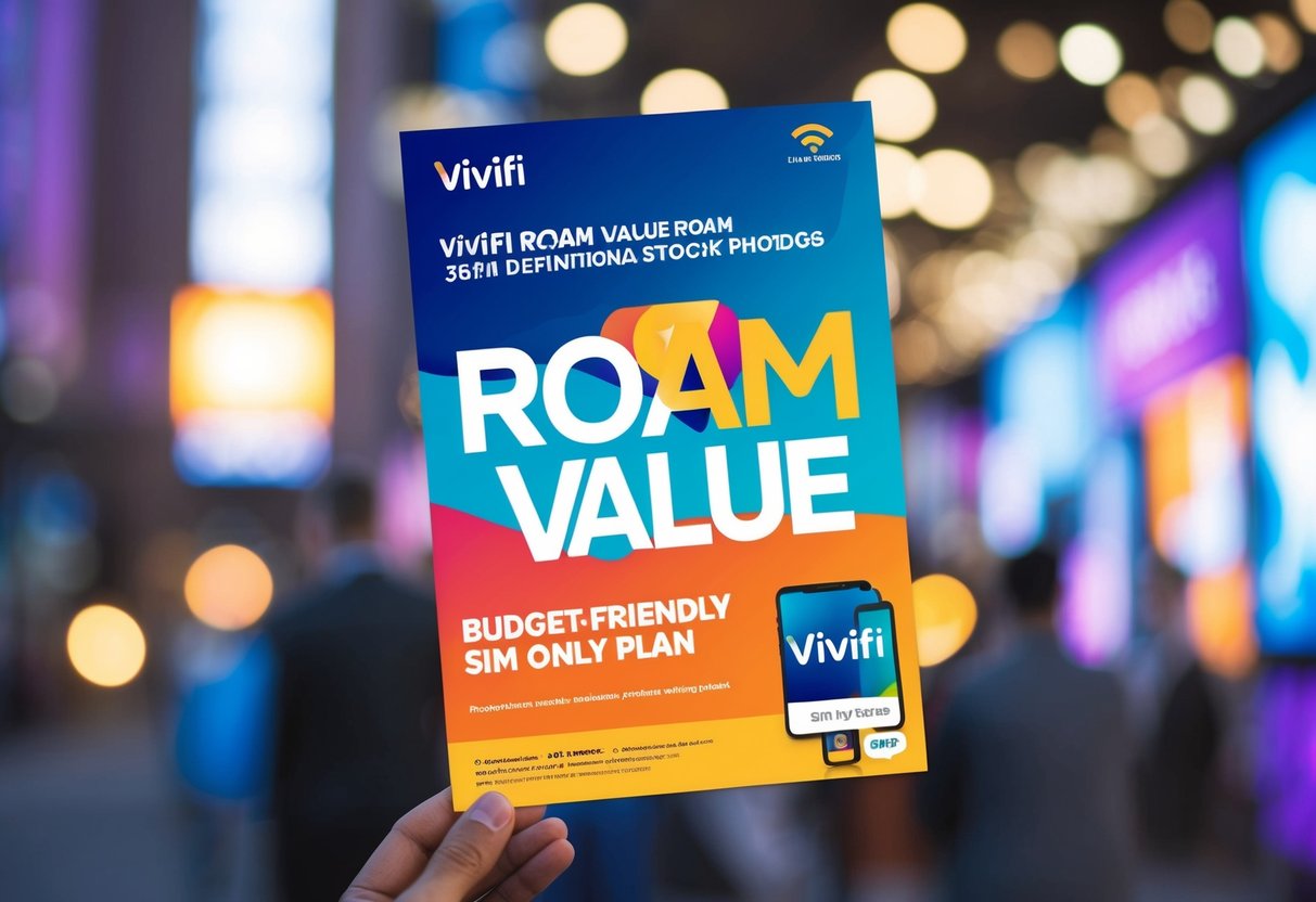 A colorful flyer with bold text and vibrant graphics promoting the VIVIFi Roam Value budget-friendly sim only plan
