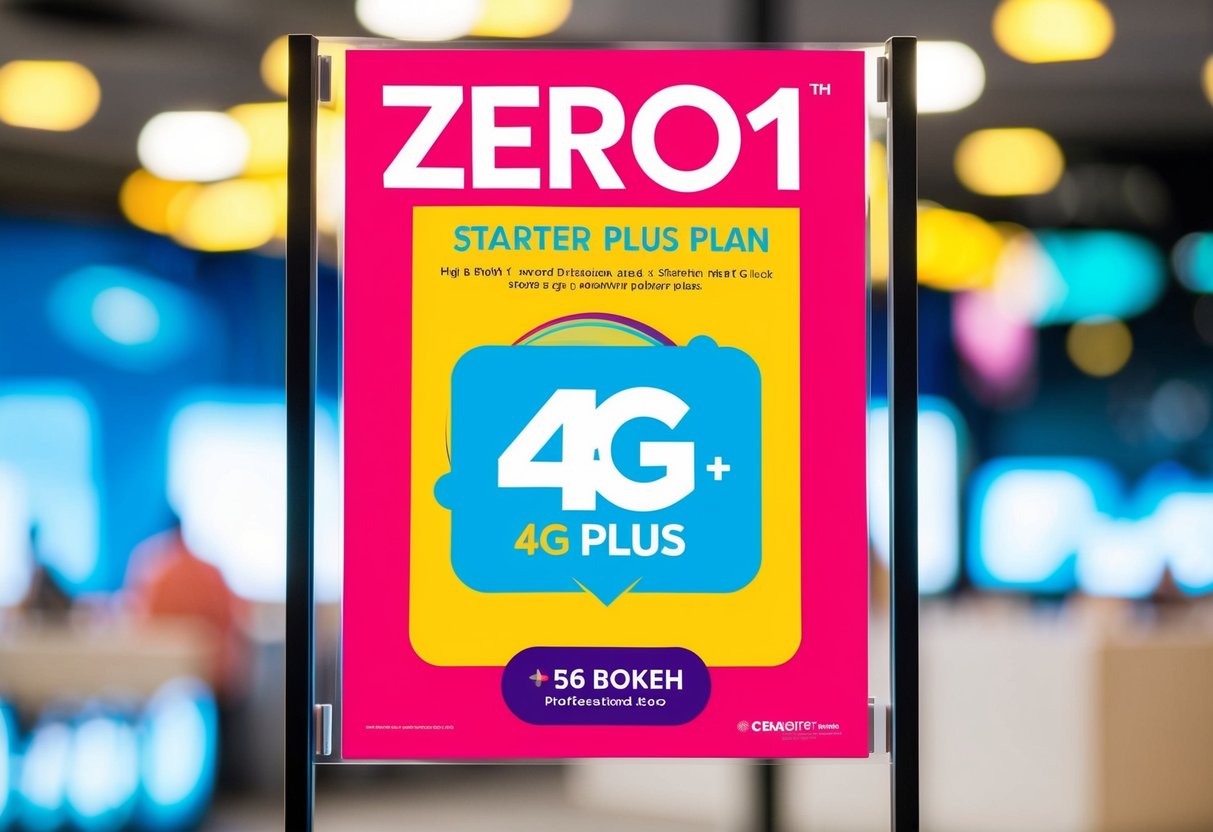 A bright, colorful poster featuring the Zero1 Starter 4G Plus plan with promotional details and vibrant graphics
