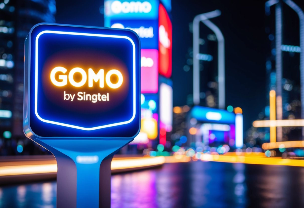 A vibrant, futuristic cityscape with a glowing GOMO by Singtel logo prominently displayed on a billboard. Bright lights and sleek, modern architecture convey a sense of cutting-edge technology and connectivity