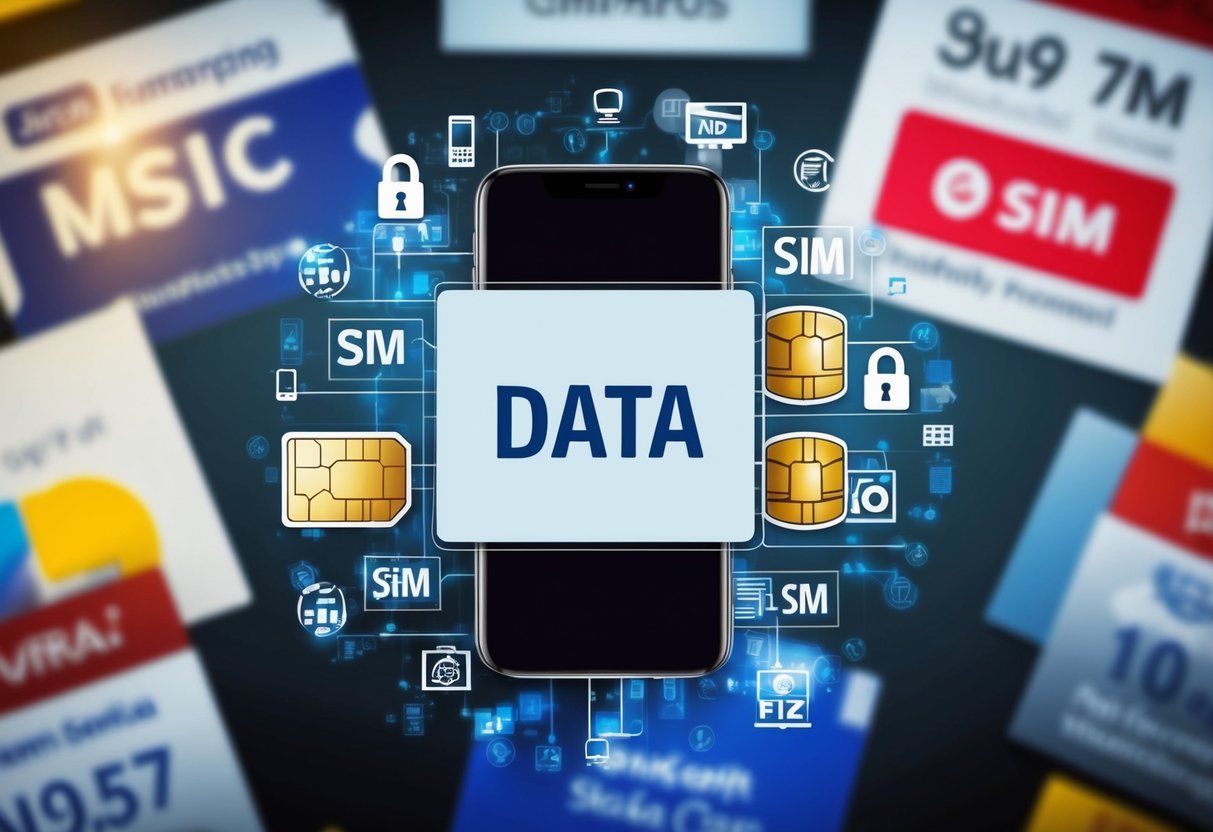 A smartphone surrounded by data symbols, a SIM card, and promotional banners