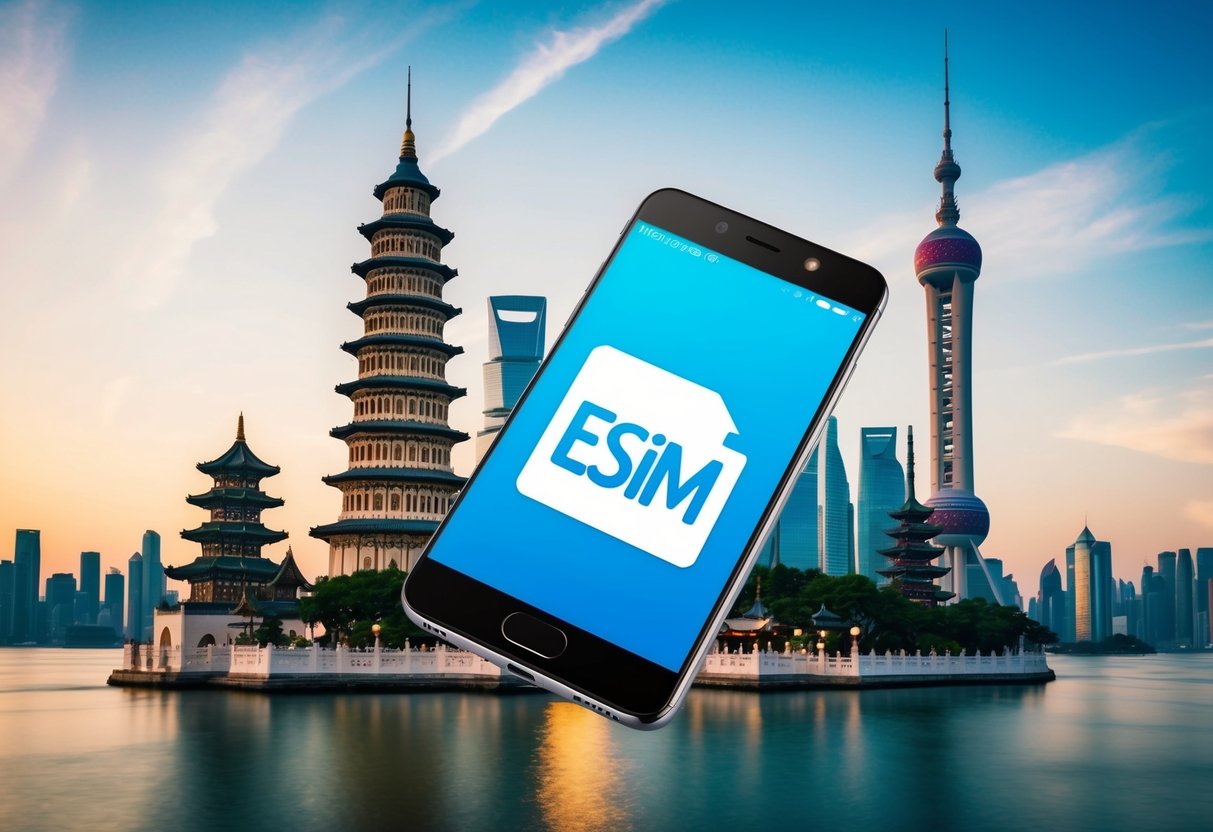 A smartphone with eSIM technology surrounded by iconic Asian landmarks, showcasing the flexibility of a sim-only plan for international roaming