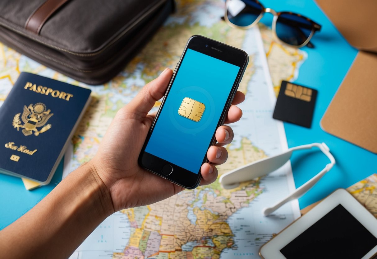 A traveler's hand holding a mobile phone with a SIM card, surrounded by travel essentials like a passport, map, and sunglasses