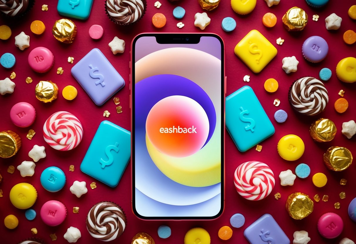 A colorful smartphone surrounded by cashback symbols and sweet treats