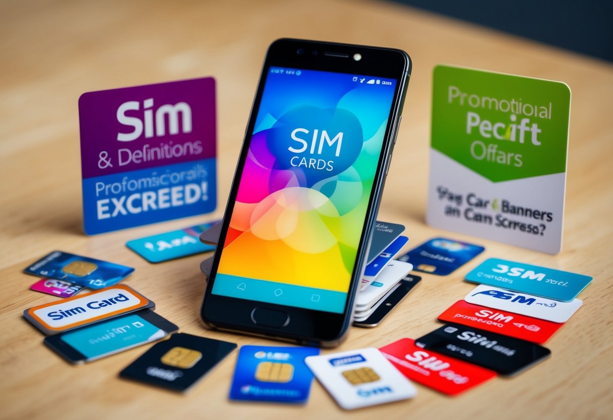 A smartphone surrounded by various sim cards, with promotional banners and offers displayed on a screen