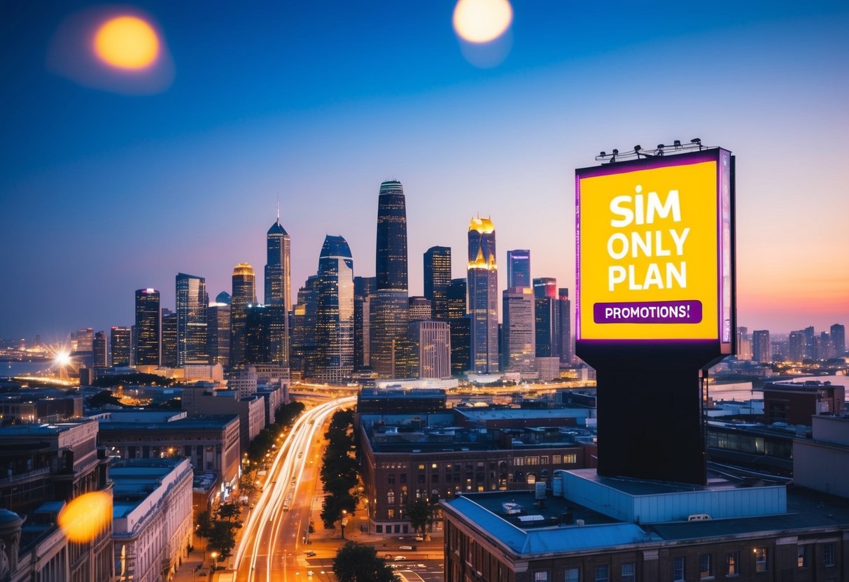A vibrant city skyline with a glowing billboard advertising sim only plan promotions. Bright lights and bustling streets below