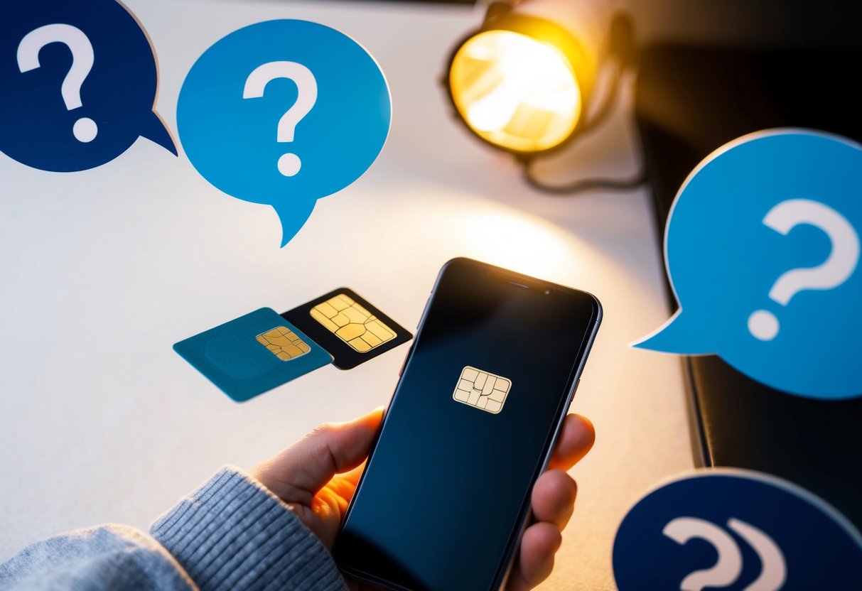 A smartphone surrounded by speech bubbles with question marks, and a spotlight shining on a SIM card